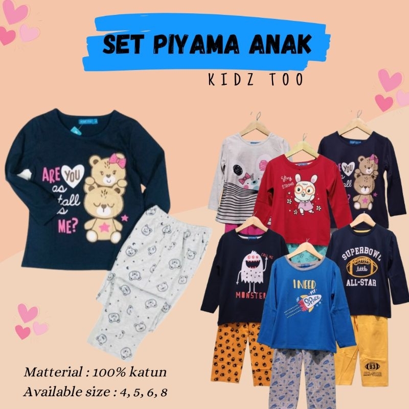 Setelan Piyama/Baju Tidur Anak Laki-Laki/Perempuan Premium Kidz Too Size 4, 5, 6, 8