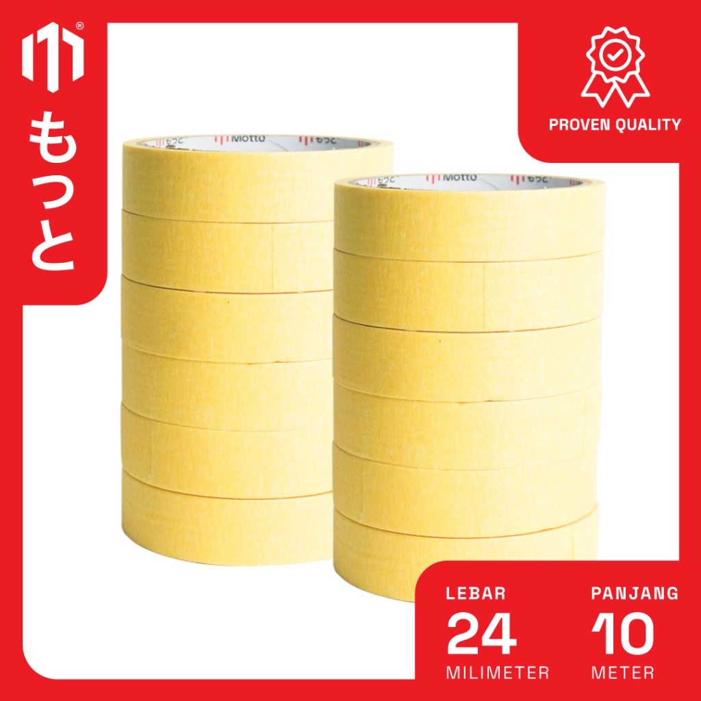 

Lakban Kertas / Masking Tape Kuning 24mm x 10 Meter - 1 Slop Isi 6 Pcs/Roll - Motto Tape
