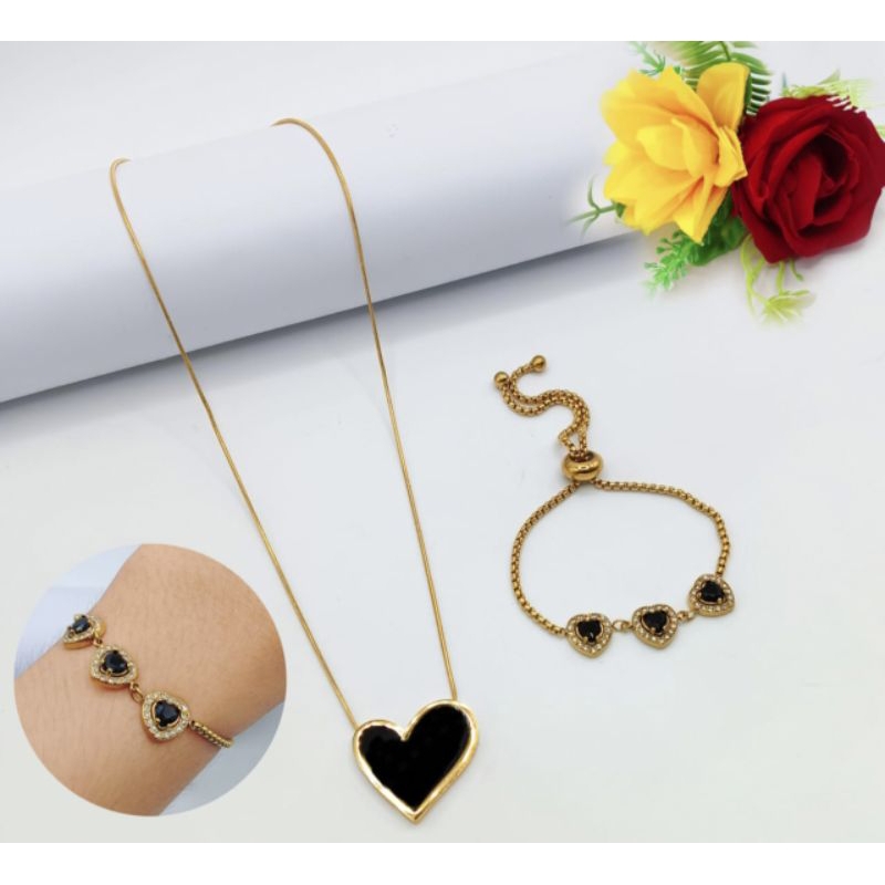 Set kalung + gelang serut love permata titanium fashion wanita