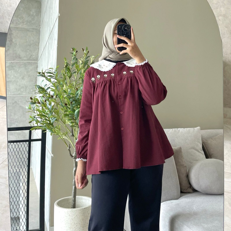 HANAKO 417 | Kemeja Bordir Linen Polos | Kemeja Rempel | Kemeja Linen Bordir