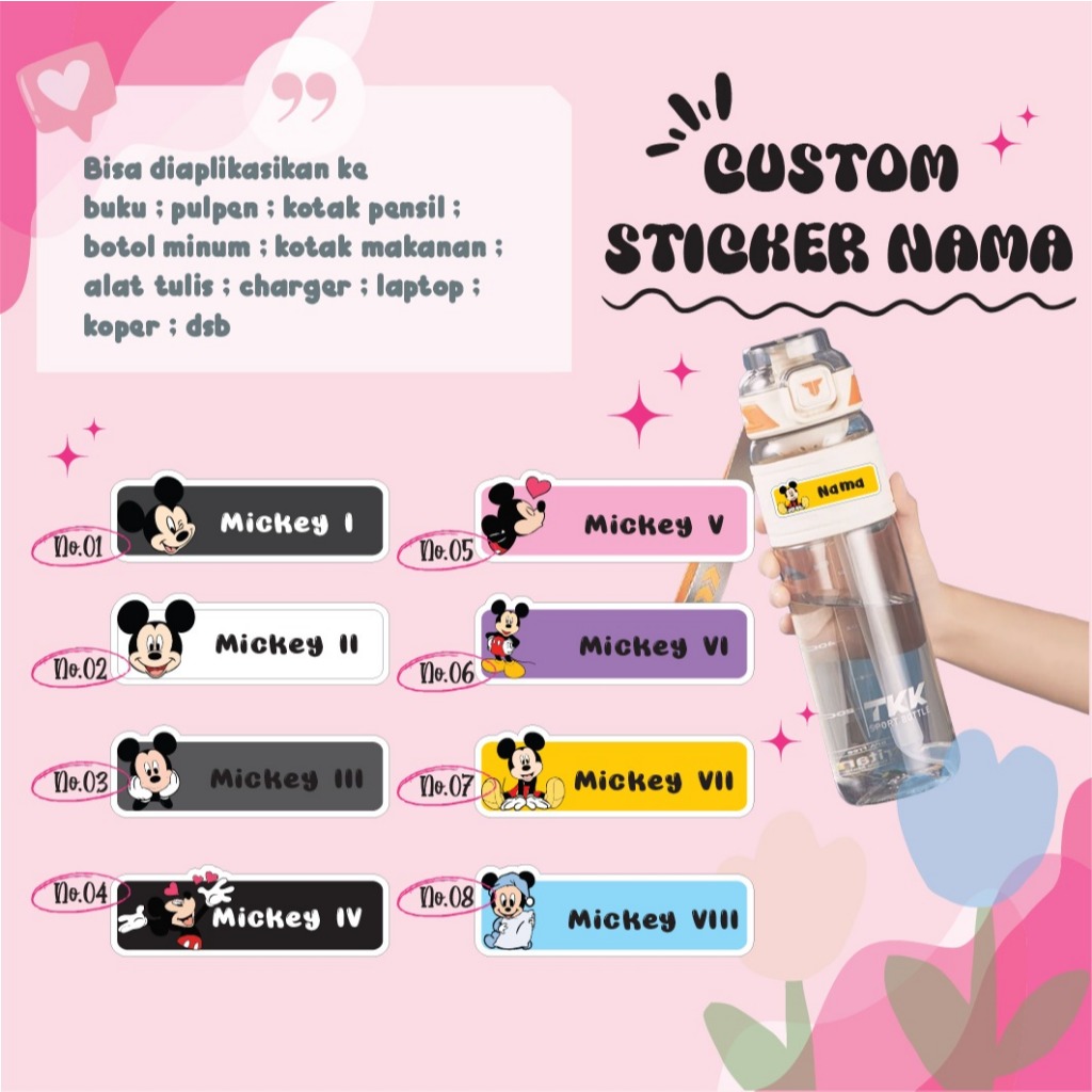 

STICKER LABEL NAMA ANIME MICKEY MOUSE CUTE VERSION STIKER LEBEL CUSTOM PREMIUM MURAH LUCU BISA TEMPEL DI BUKU KOTAK PENSIL HELM BOTOL MINUM KOTAK MAKANAN ALAT TULIS KOPER LAPTOP HP PINTU KACA