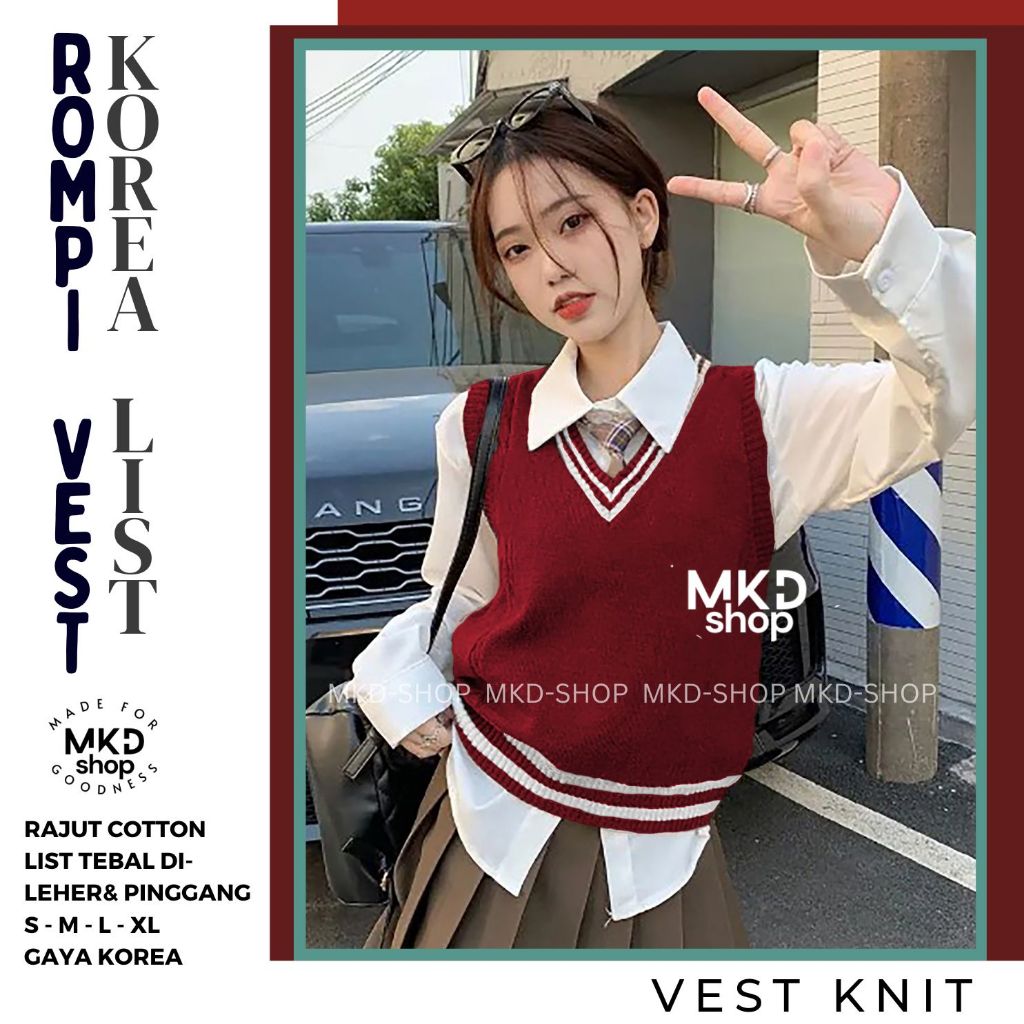 Rompi Rajut Korea Oversize Vest Korea Vneck Dobel List Putih  MKD Shop