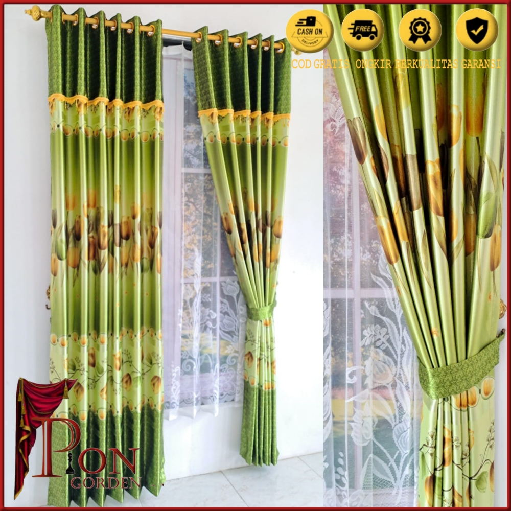 GORDEN BLACKOUT 2 METER MOTIF TULIP GLOSY HIJAU MURAH MODEL PONI TEMPEL KORDEN JENDELA PINTU KAMAR M