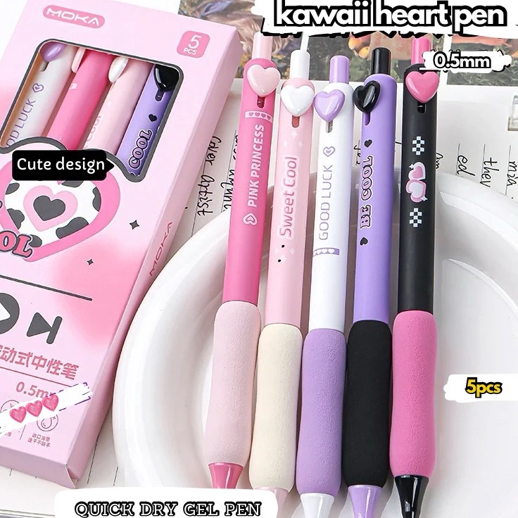 

TERBARU 5pcs Set Pulpen Gel Lucu Heart Pen Kawaii Aesthetic Tinta Hitam