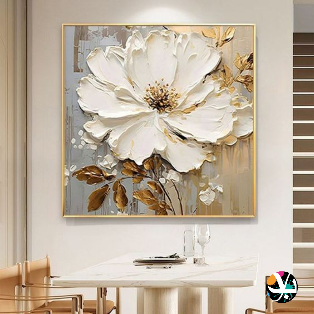 lukisan bunga minimalis timbul - lukisan abstrak bunga timbul - lukisan siap pajang - lukisan tekstu
