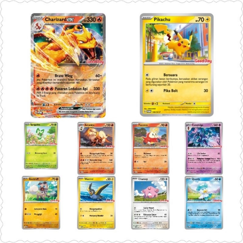 1KARTU POKEMON TCG INDONESIA PROMO GOOD DAY CHARIZARD PIKACHU CERULEDGE ARCANINE QUAXLY ROCKRUFF SPR