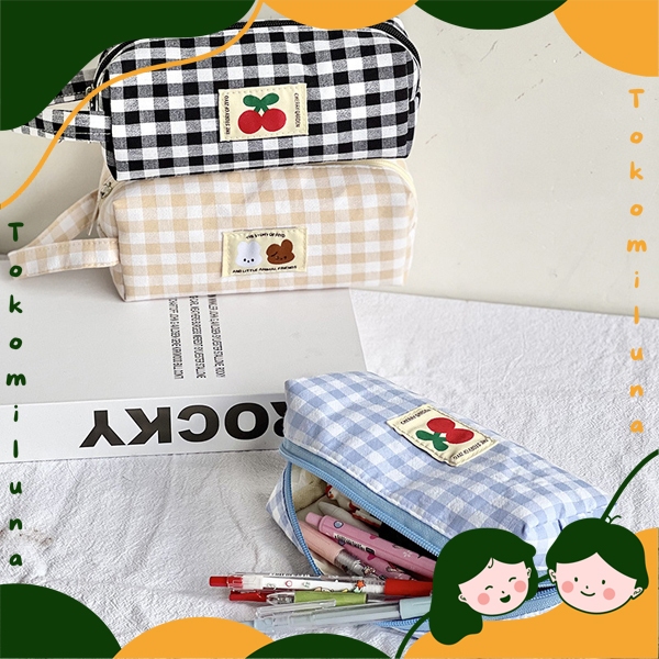 

Kotak pensil tempat pensil canvas classic plaid motif kotak-kotak tartan lucu cute estetik HB1424