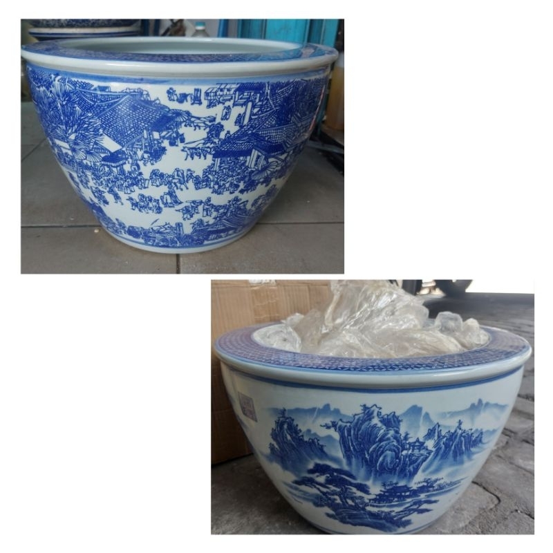 pot tanaman keramik biru putih D 40 cm/pot bunga/vas bunga keramik