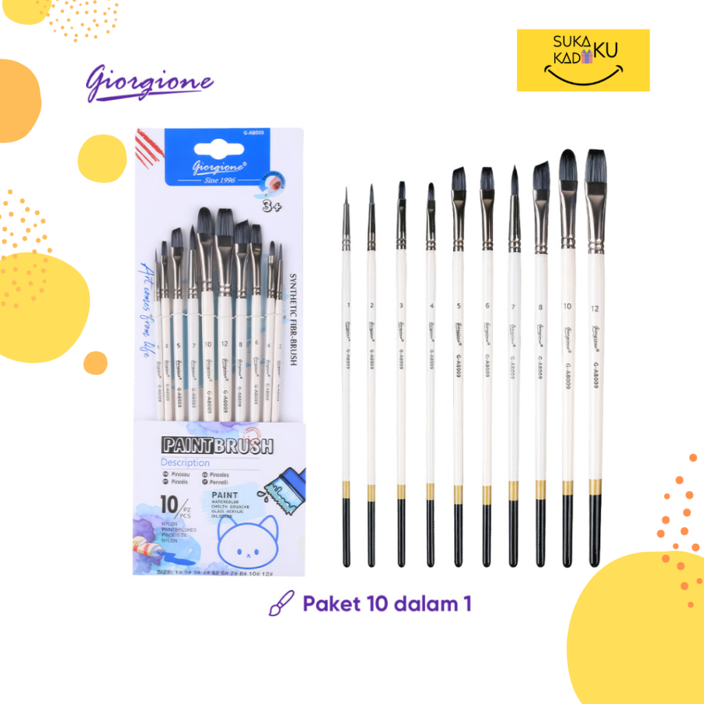 

GIORGIONE KUAS CAT PAINT BRUSH SET NYLON 10PCS (SIZE 1,2,3,4,5,6,7,8,9,10) G-A8009