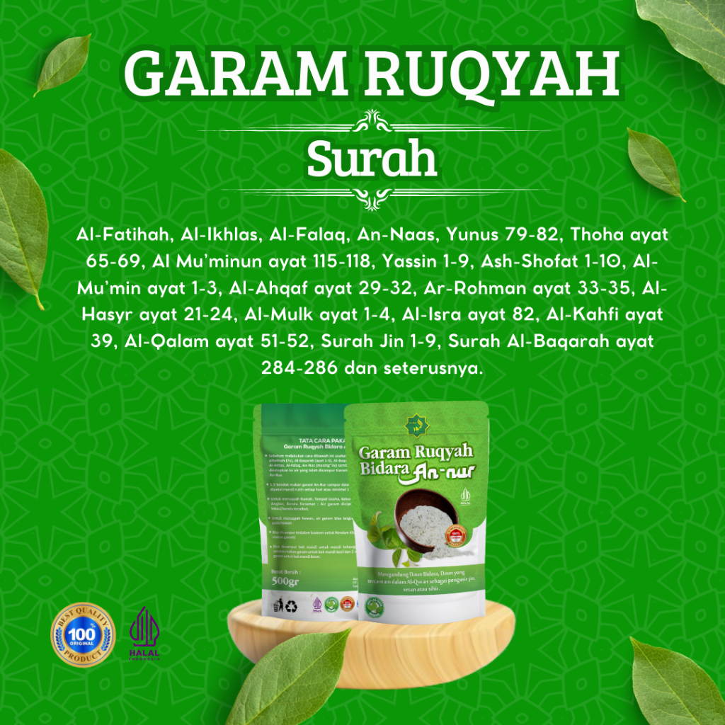 

Garam Ruqiyah annur Bidara, Garam Doa Sudah Di Asma 100% Asli Dengan Daun Bidara