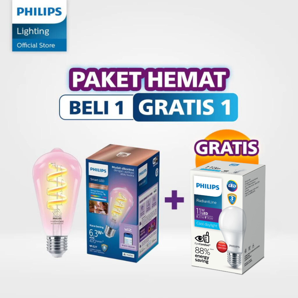Philips Paket Beli Lampu Smart Wifi Sprial 6.3W ST64 RGB Gratis Lampu LED Bulb 11W Putih
