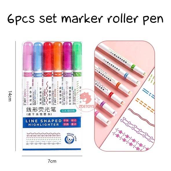 Zoetoys 6pcs Marker Roller Pen | Stamp line marker set | Line Shapes Colorful Drawing Tools Art Stat
