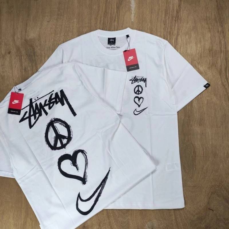 Kaos Oversize Tshirt Stussy x Nike Peace Love Swoosh Putih Combed 24s Premium