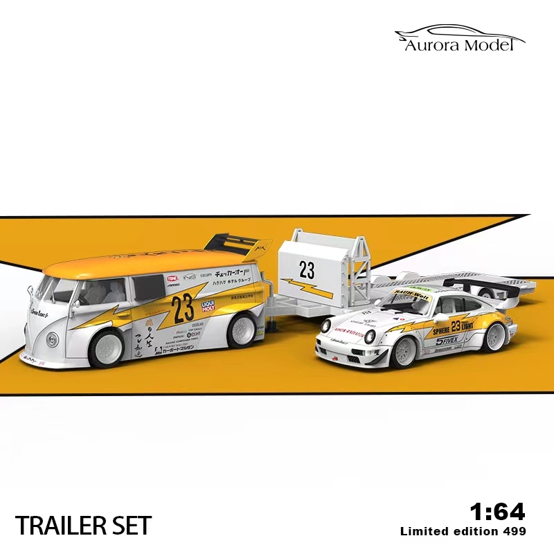 Aurora Model 1:64 Volkswagen VW T1 Van & RWB Porsche 964 Lightning Trailer Set Limited