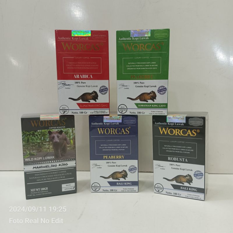 

Worcas Luwak Coffee Sumatra King Gayo Arabica, Bali Robusta. Kemasan Small Box isi 100 gram