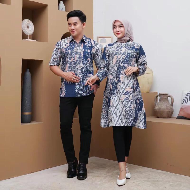TUNIK BATIK NAVY SARIMBIT TUNIK BATIK PANJANG HEM BATIK LENGAN PENDEK POLA PADI SERAGAMAN REGULAR SI
