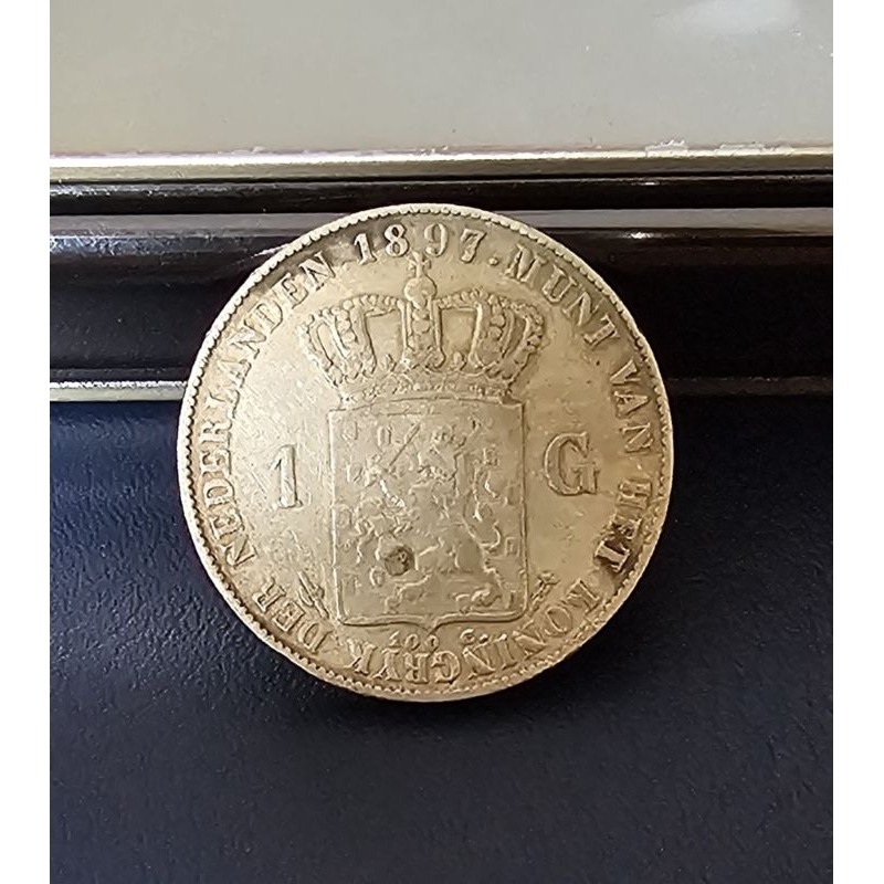 Koin kuno, koin perak 1 Gulden Wilhelmina 1897 long hair