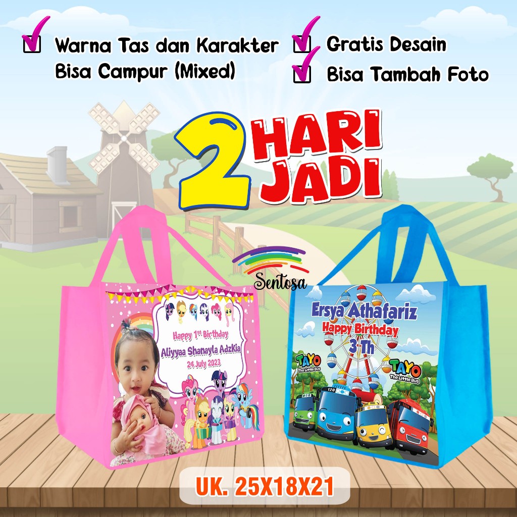 

GOODIE BAG TAS ULANG TAHUN ANAK UNTUK BOX BENTO DAN SNACK ULTAH CUSTOM NAMA UK 25X18X21 MURAH