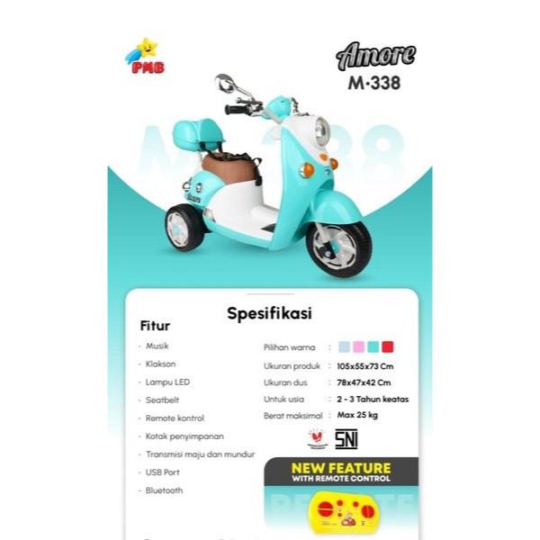 MAINAN ANAK MOTOR AKI SCOOPY M338 AMORE REMOTE CONTROL