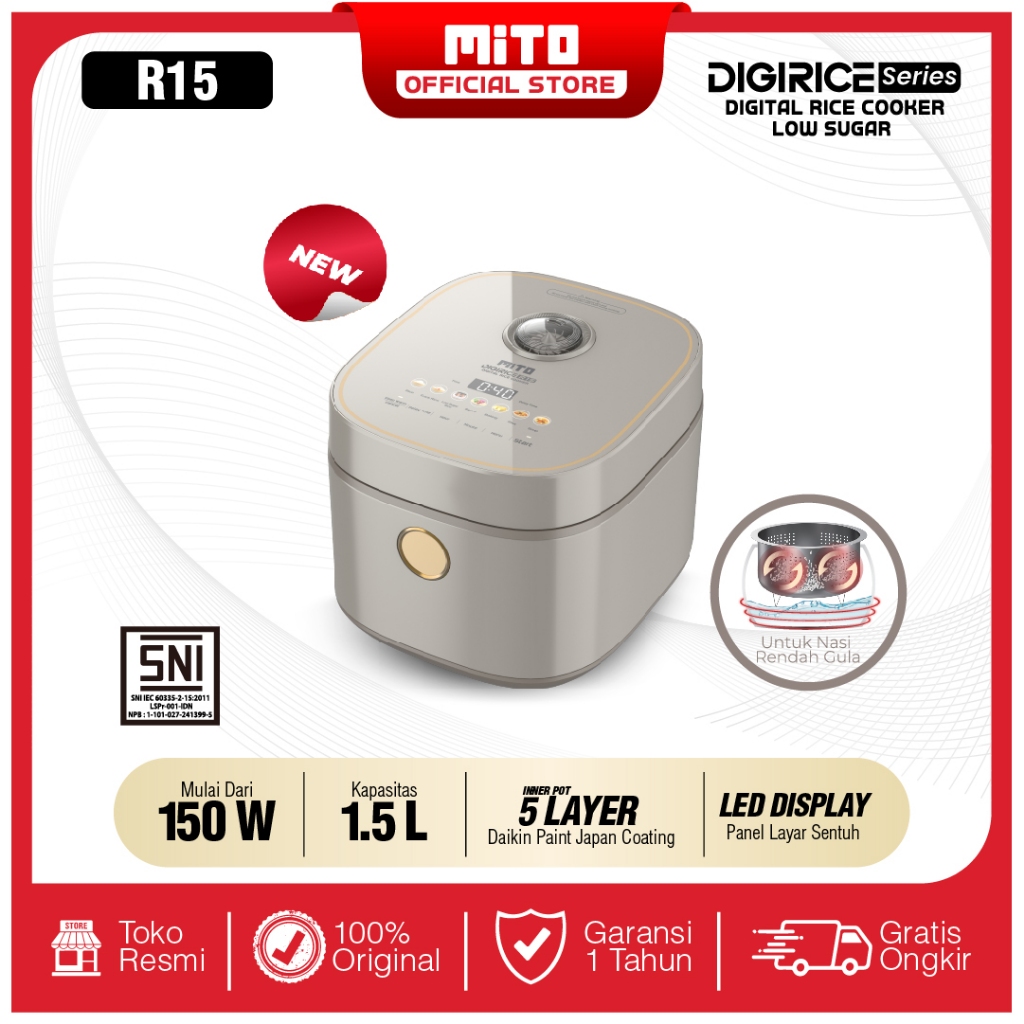 MITO Digital Rice Cooker 1.5 Liter R15 - Rice Cooker Low Sugar dengan 8 Menu Preset, Inner Pot Anti 
