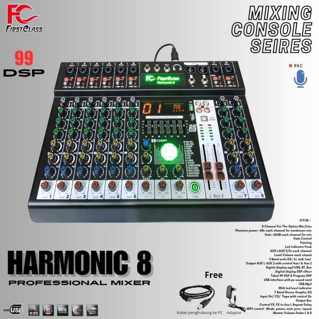Mixer Audio 8 channel with 99 DSP effect | Professional MIXING FIRSTCLASS HARMONIC 8 mikser Console 
