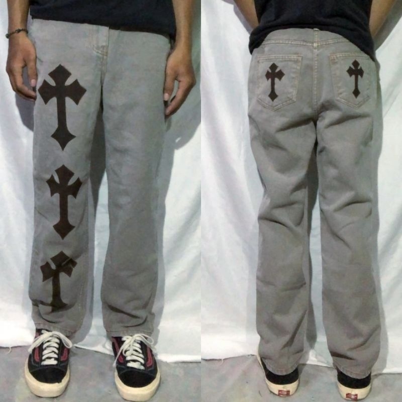 Celana Panjang Longpants Jeans Light Brown Washed Slim Straight Custom Cross Chrome Hearts Second Pr
