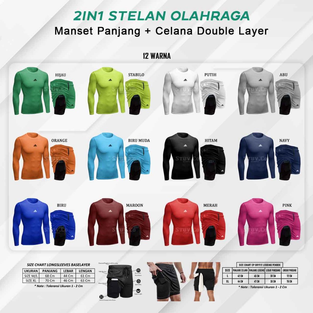 2in1 Manset Baselayer Lengan Panjang Celana Kolor Pendek Double Layer Olahraga Pria Wanita