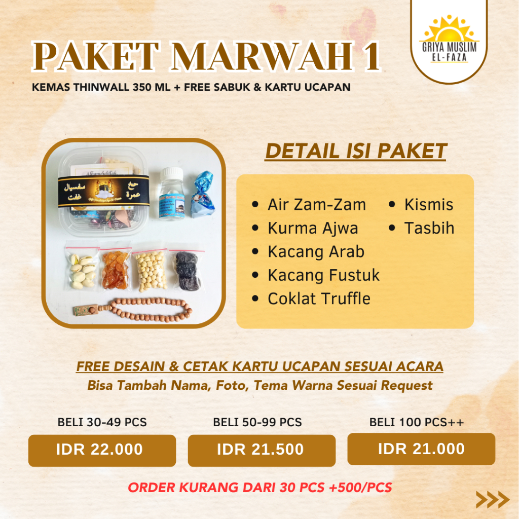 

PAKET MARWAH 1 Kemas Thinwall | Snack Arab | Oleh-Oleh Haji | Oleh-Oleh Umroh | Air Zam Zam | Kurma | Kacang Arab |