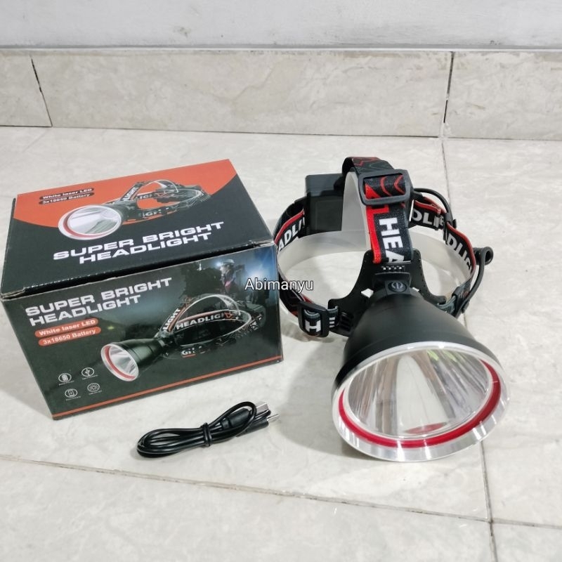 senter kepala LED LASER 150 watt baterai 3pcs x 6800 mAh type 18650=20.400 mAh 5 mode cahaya + sos w
