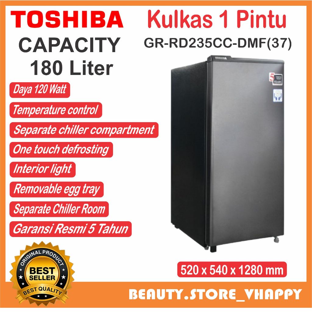 Kulkas Toshiba 1 Pintu 180 liter GR-RD235CC-DMF(37)
