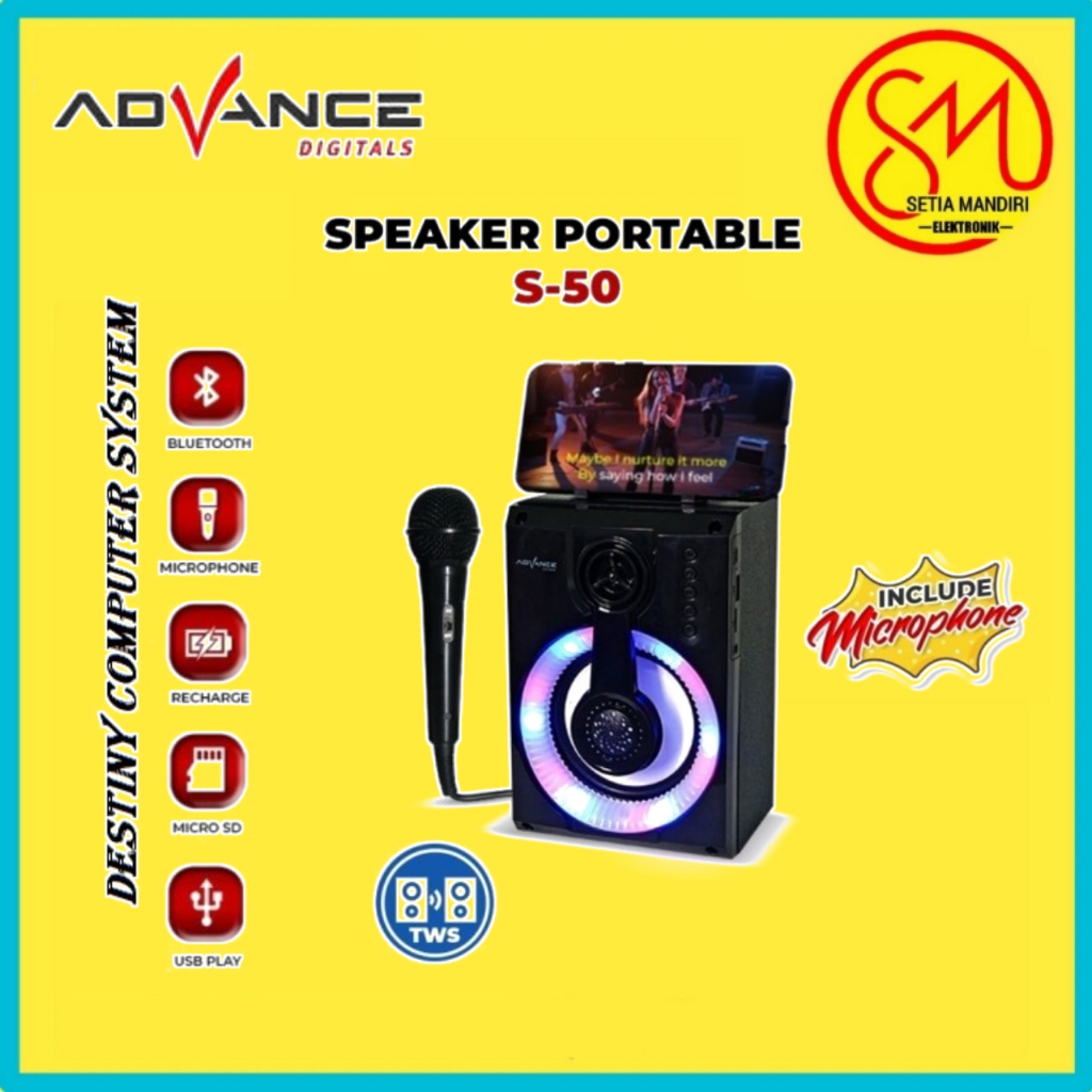 Advance S-50 Speaker Bluetooth Portable Gratis Mic Kabel Karaoke Recharge