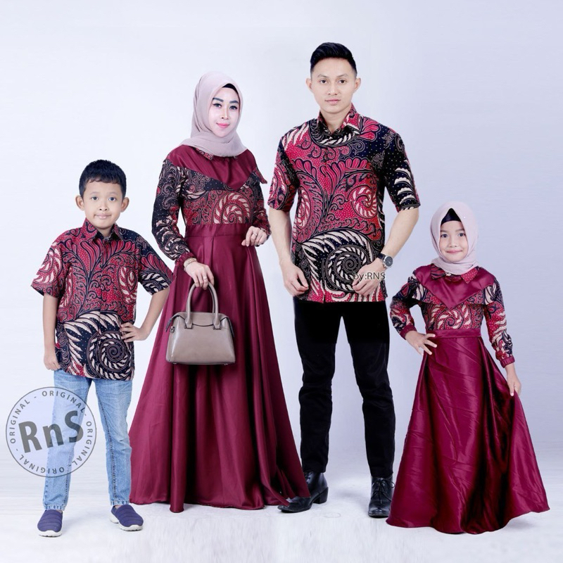 Baju Batik Couple keluarga Pasangan suami istri Dan Anak Laki Laki Motif Puser Velvet Merah