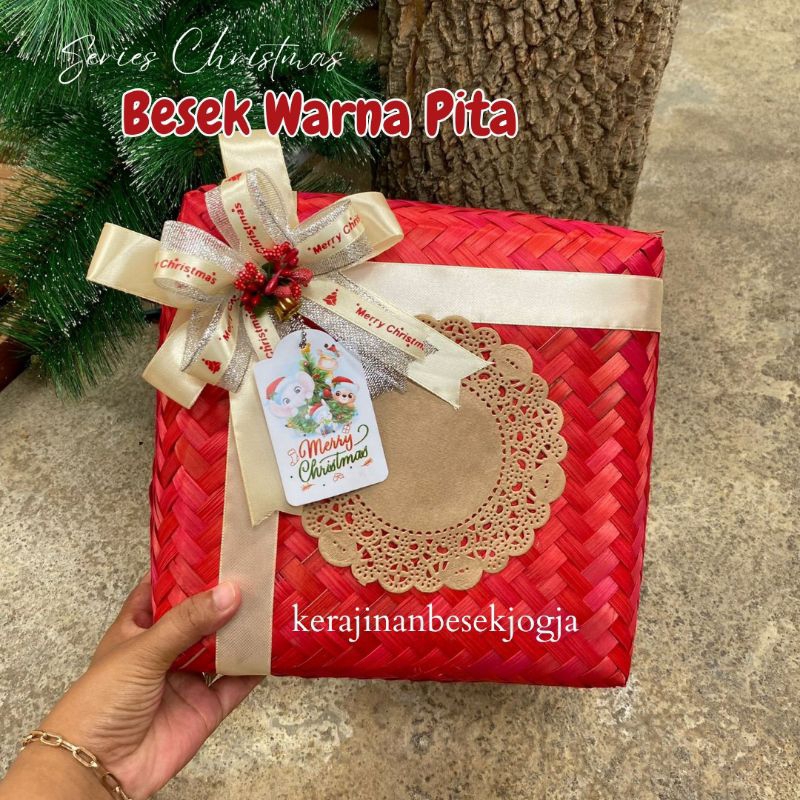 SERIES CHRISTMAS | BESEK MERAH HIAS PITA FREE KARTU UCAPAN | besekan besek nasi besek snack natal ka