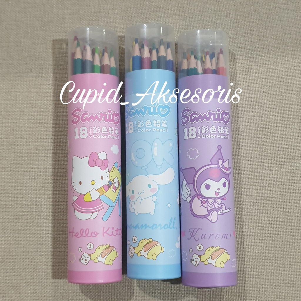 

18 PCS PENSIL WARNA DENGAN TEMPAT PENSIL BULAT COLOR PENCIL + RAUTAN KUROMI HELLO KITTY CINNAMONROLL