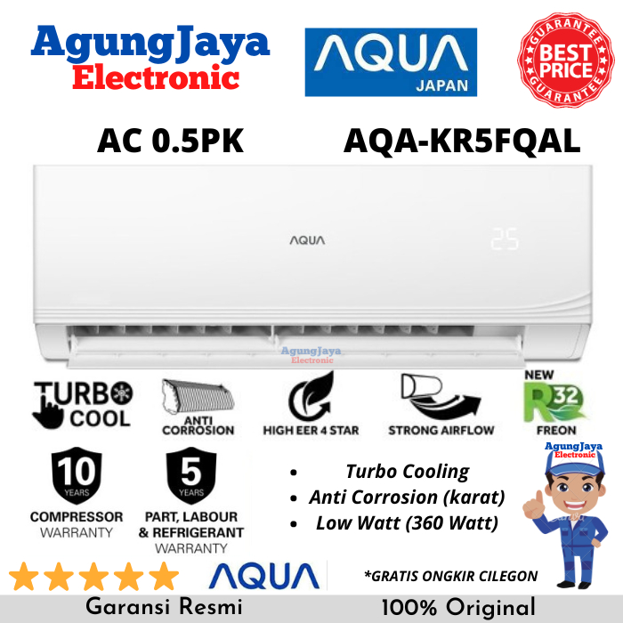 PROMO AC AQUA 1/2 PK AQA-KR5FQAL TURBO COOLING LOW WATT 0.5 PK (CILEGON SERANG)