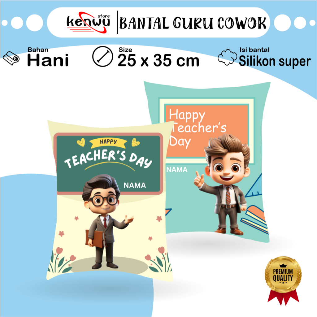Kenwustore Bantal Hari Guru Cowok 25x35 cm - Kado Hari Guru - Happy Teacher's Day - Bantal Hari Guru