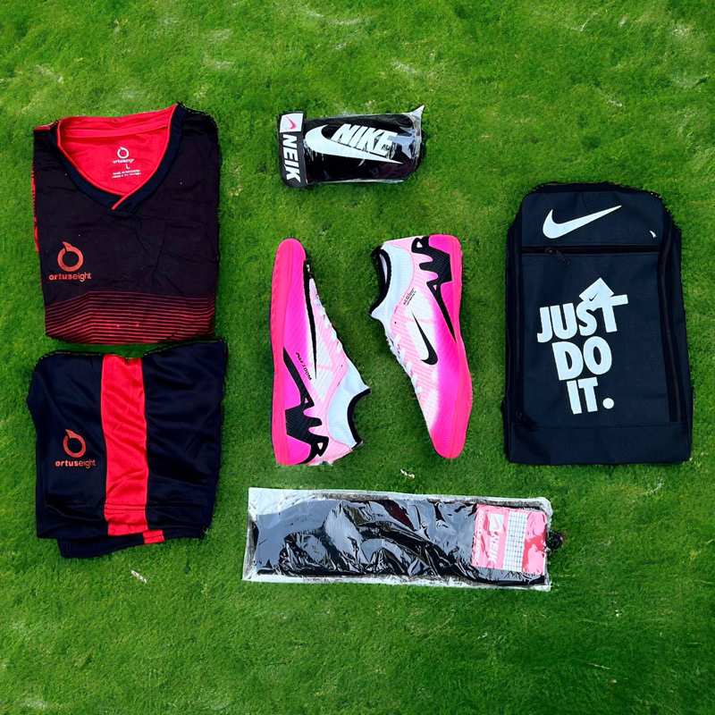 (Paket Komplit) Sepatu Futsal Mercurial CR7 terbaru 2025 Putih Pink set