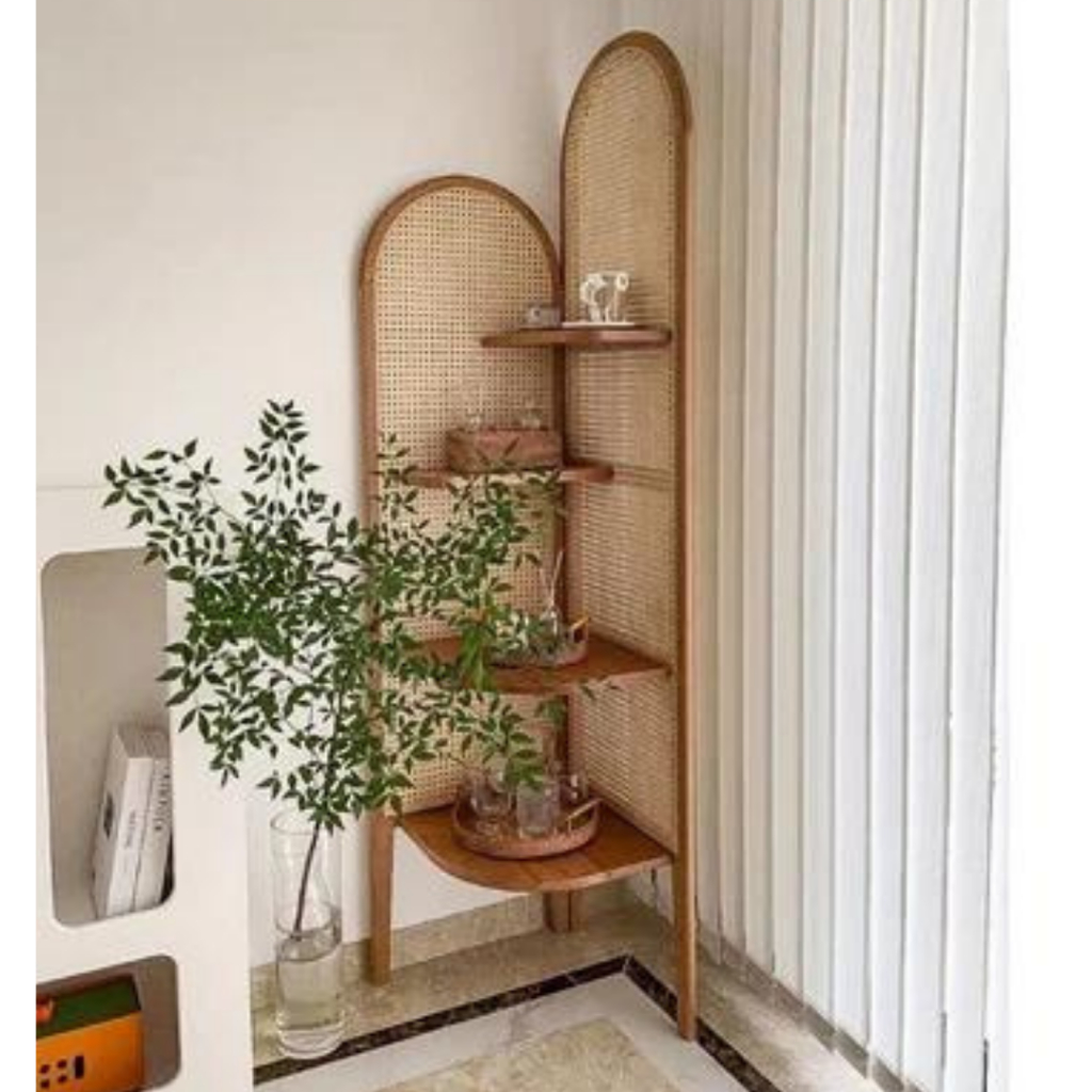 rak sudut rotan rak sudut serbaguna rak minimalis kayu jati