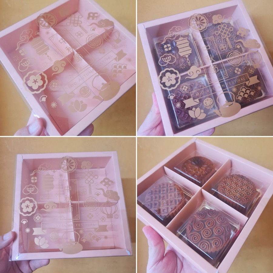 

( 5 Pcs ) Dus Hampers Mika Kue Bulan Box Packaging Mika Mooncake 100Gr Sekat 4 Design Mid Autmn Pink Salem