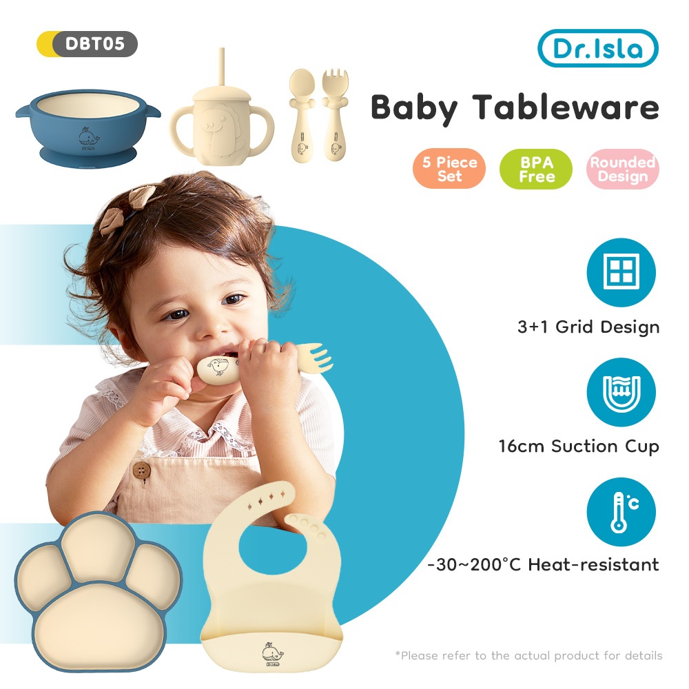 Dr.isla Celemek Makan Bayi Set 7Pcs BPA Free Piring Makan Anak Mangkuk Sendok Makan Bayi Botol Minum