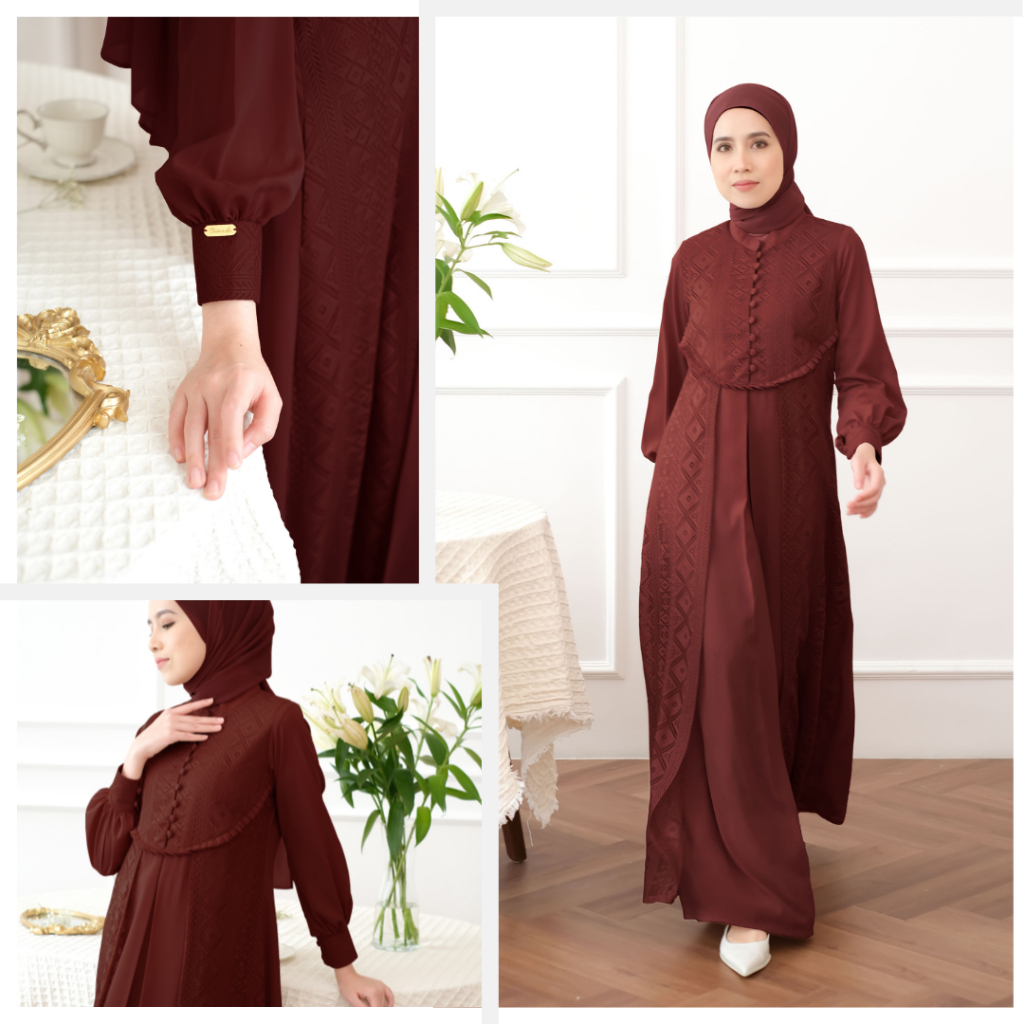 Gamis Dress Brokat Wanita Muslimah Premium Kekinian Terbaru AZZURA Maroon Series - Bitnada