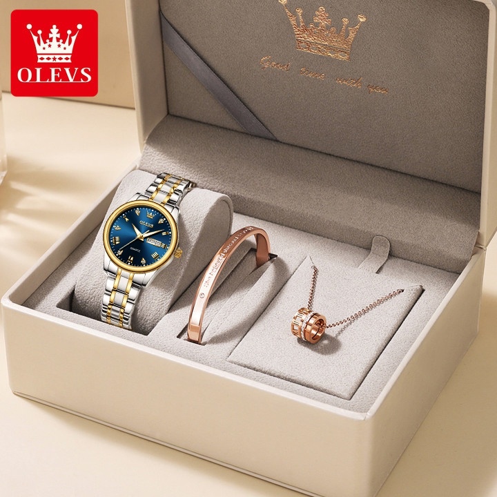 OLEVS Jam Tangan Wanita Tahan Air Stainless Steel Elegan Luxury Style Analog Women Style Set