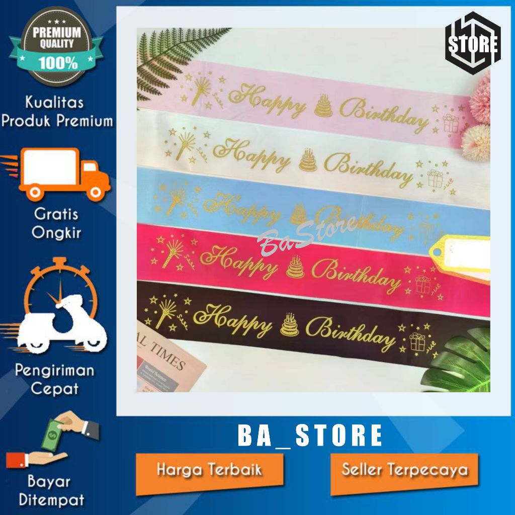 Selempang Happy Birthday SABLON / biru hitam pink fanta blue gold black / dekorasi ulang tahun