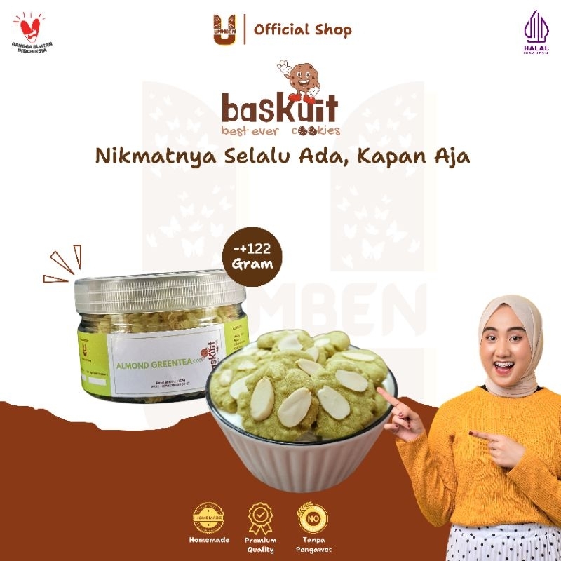 

BASKUIT Ummben Cookies Almond Greentea Toples 122g Cemilan Kue Kering Lebaran Natal Homemade Premium Halal