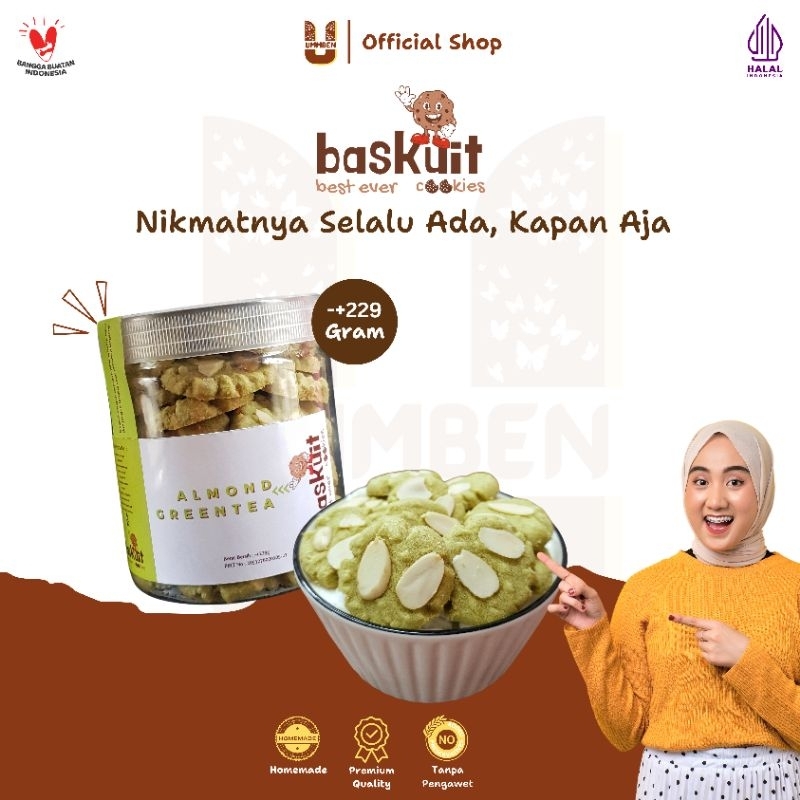 

BASKUIT Ummben Cookies Almond Greentea Toples 229g Cemilan Kue Kering Lebaran Natal Homemade Premium Halal