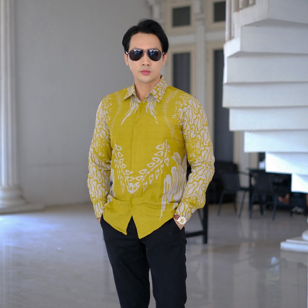 baju batik pria kemeja batik pria lengan panjang lapis furing premium..PARANG KUNING LEMON