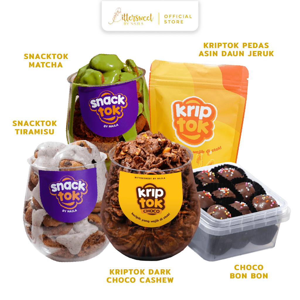 

5 PRODUK ( SNACKTOK ( Tiramisu & Matcha ), Choco Bonbon , KRIPTOK ( Pedes Asin Daun Jeruk & Dark Choco Cashew ) )
