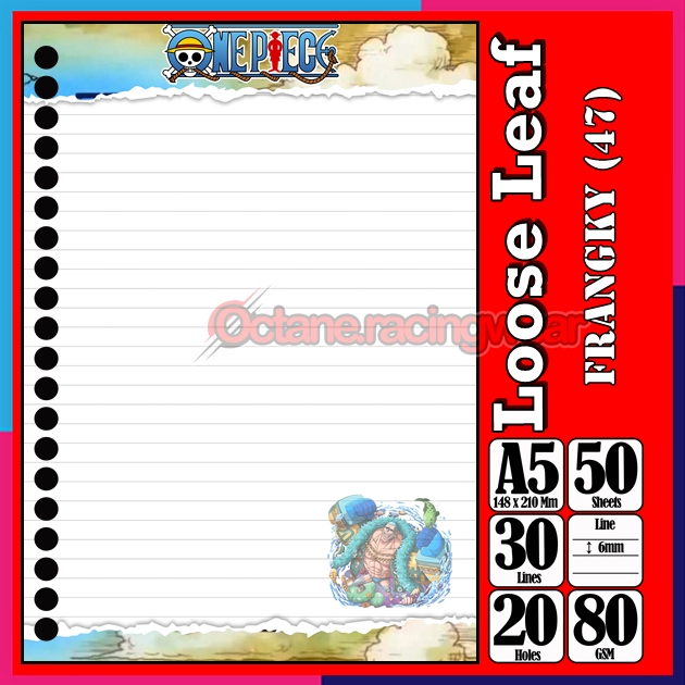 

Loose Leef Leaf A5 Isi 50 Lembar Binder Karakter Frangky Prangki Frangki Anime One PieceTerbaru Polos refil Refill Vol-19