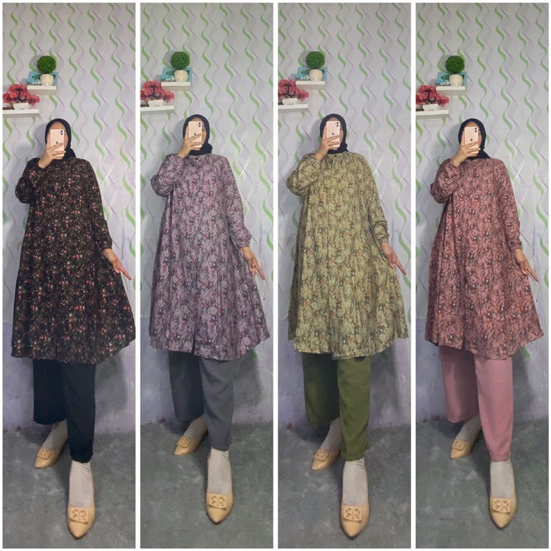 stelan celana katun rayon/ baju bahan katun rayon motif bunga kecil/ celana bahan kringkel