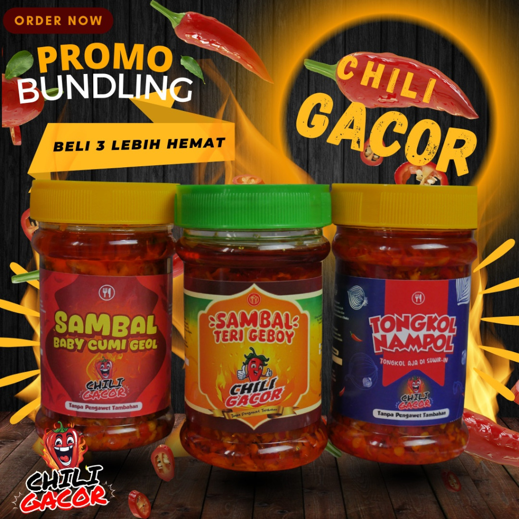 

Chili Gacor Combo 3 Spesial Sambel Baby Cumi Geol, Sambel Teri Geboy, Sambel Tongkol Nampol Sambal Bawang/ Sambal Ijo Pedas Gurih 130 g Sambel Botol Praktis